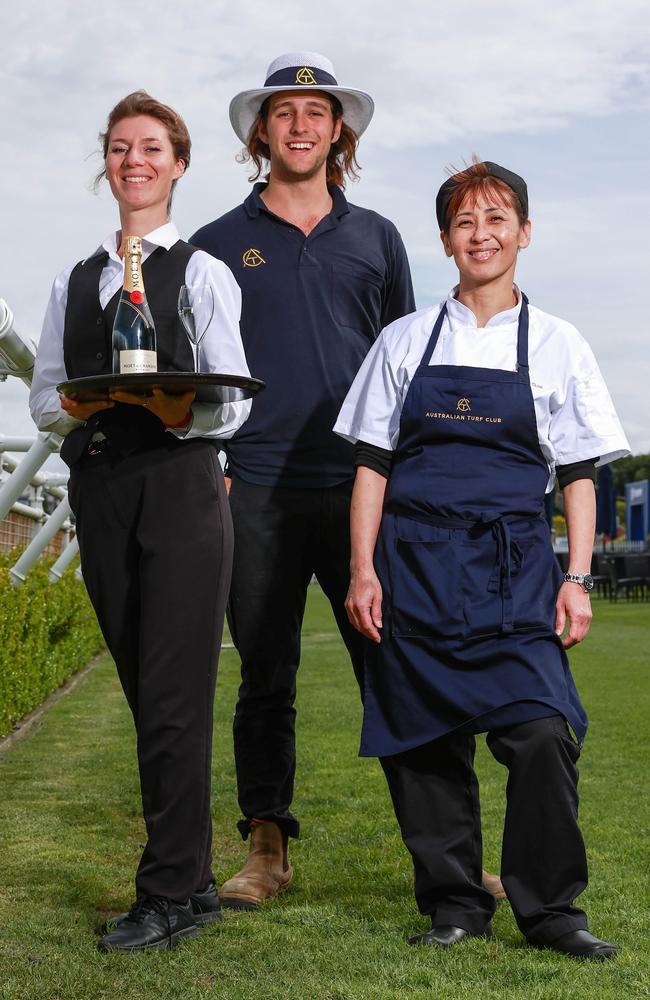 Team Leader, Joanna Pieprzycka, with Logistics Operator, Brock Preston, and Sous Chef Lorna Lee at Randwick Racecourse. Picture: Justin Lloyd