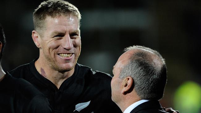 Brad Thorn and Graham Henry of the All Blacks chat after beating Ireland in New Plymouth in 2010.