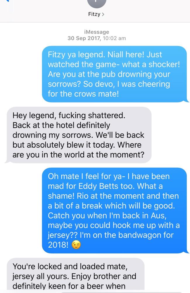 Niall and Fitzy's friendly text exchange was not as it seemed. Picture: Supplied.