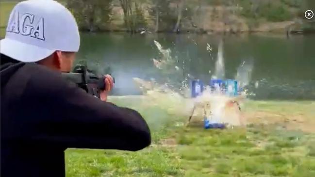 Musician Kid Rock posted a video on Twitter in which he shot cases of Bud Light with a semiautomatic rifle, following the brand’s promotion with transgender influencer Dylan Mulvaney. Picture: Supplied