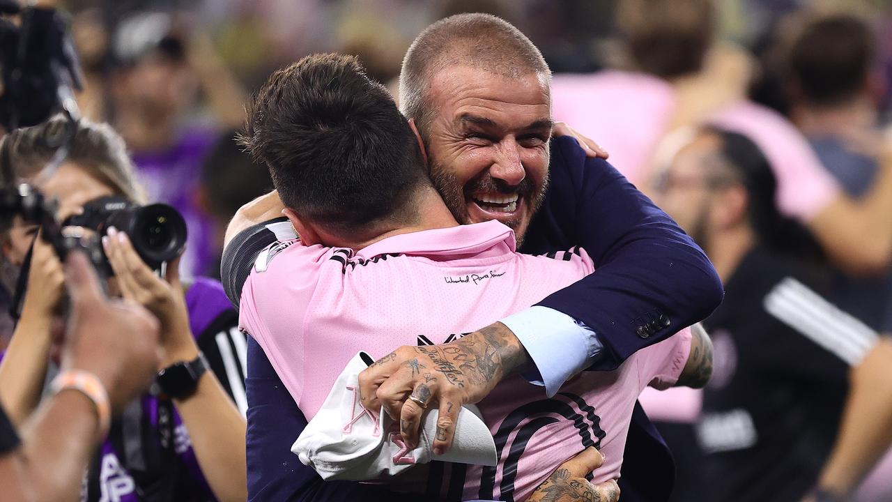 David Beckham embraces Lionel Messi after Inter Miami won the Leagues Cup. (Photo by Tim Nwachukwu/Getty Images)