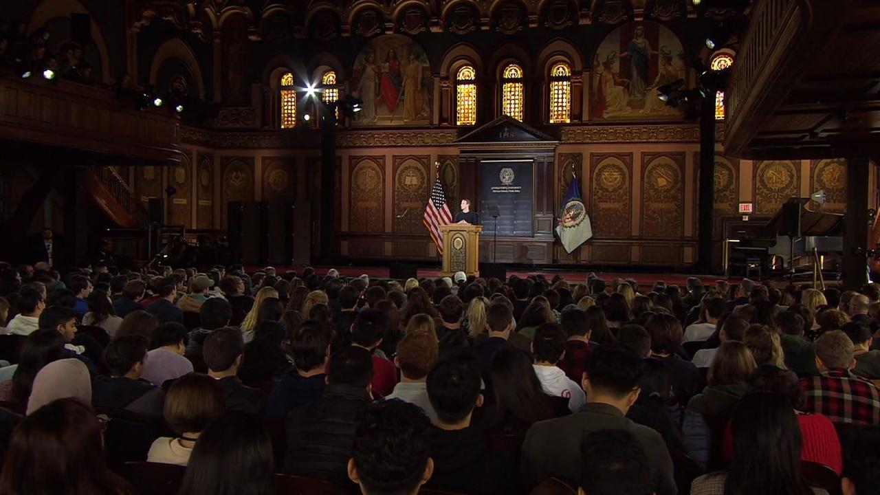 The crowd at Georgetown University who packed in to see Facebook CEO Mark Zuckerberg deliver his 37-minute treatise on free speech and expression.