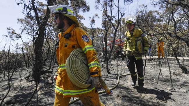 NSW Rural Fire Service crews responding to smoke in Woodford, in an area that had already burnt. Picture: Sean Davey