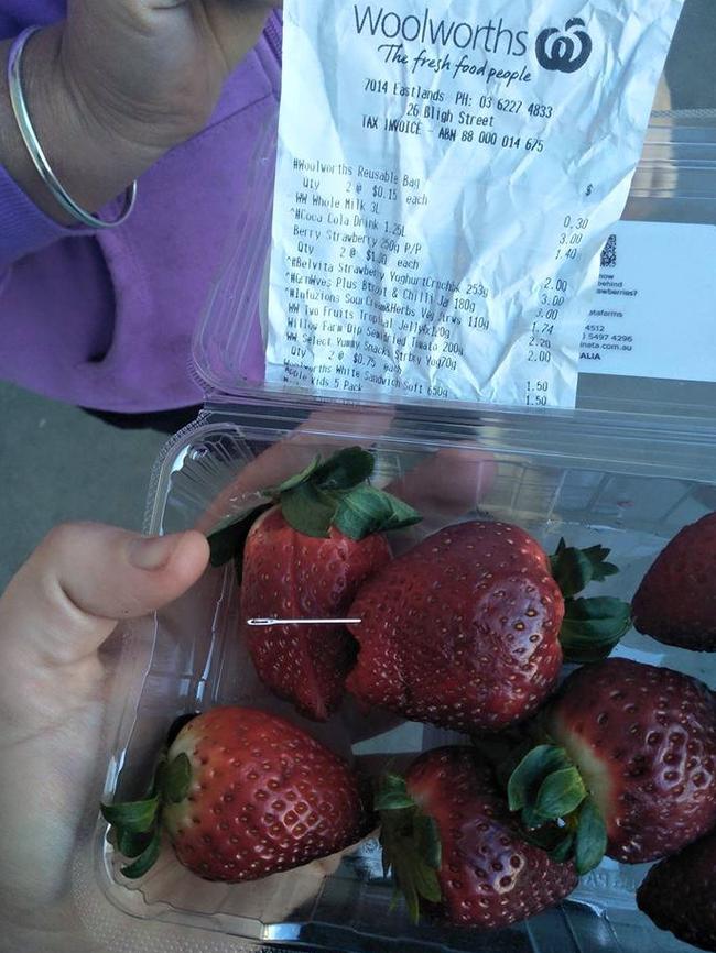 An image posted on Facebook from a shopper claiming a needle was found in strawberries bought in Hobart.