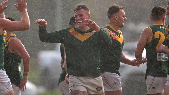 Matthew Keys celebrates a goal for Old Eltham Collegians. Picture: Andy Brownbill