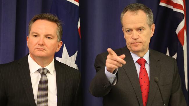 Chris Bowen, left, and Bill Shorten takes questions during a Parliament House press conference. Picture: Gary Ramage