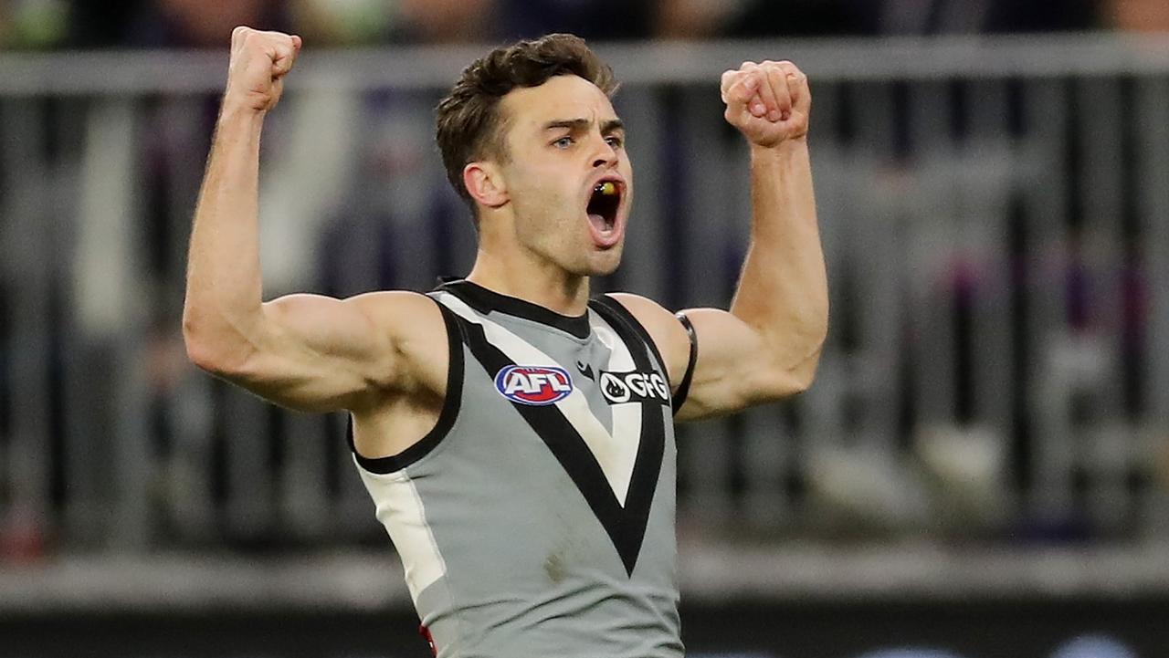 PERTH, AUSTRALIA - JULY 03: Karl Amon of the Power celebrates after scoring a goal during the 2022 AFL Round 16 match between the Fremantle Dockers and the Port Adelaide Power at Optus Stadium on July 03, 2022 in Perth, Australia. (Photo by Will Russell/AFL Photos via Getty Images)