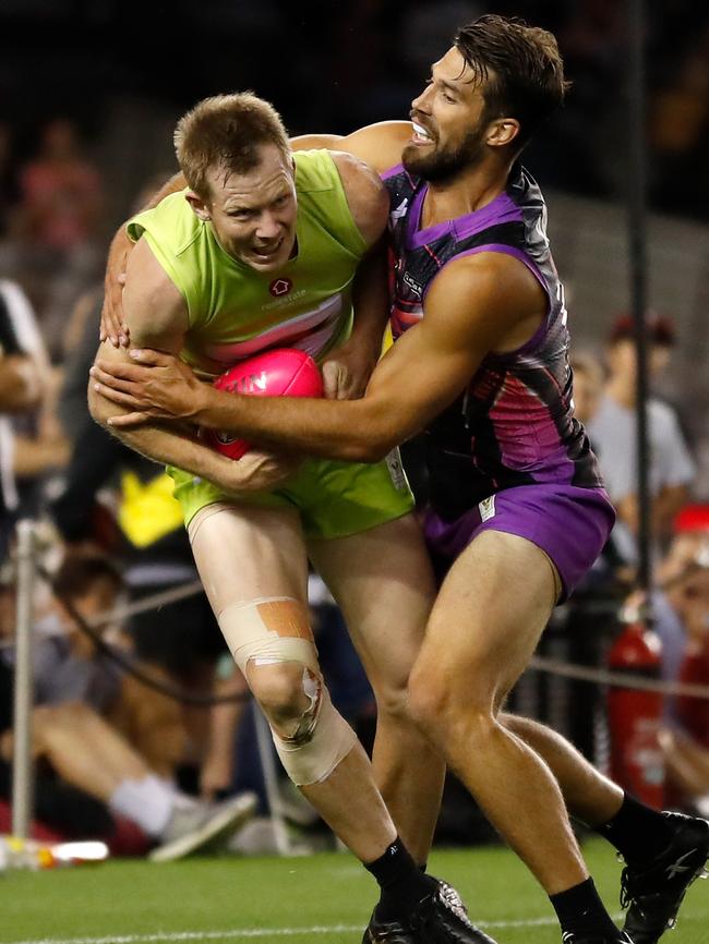 Teammates Jack Riewoldt and Alex Rance face off during the AFLX series.