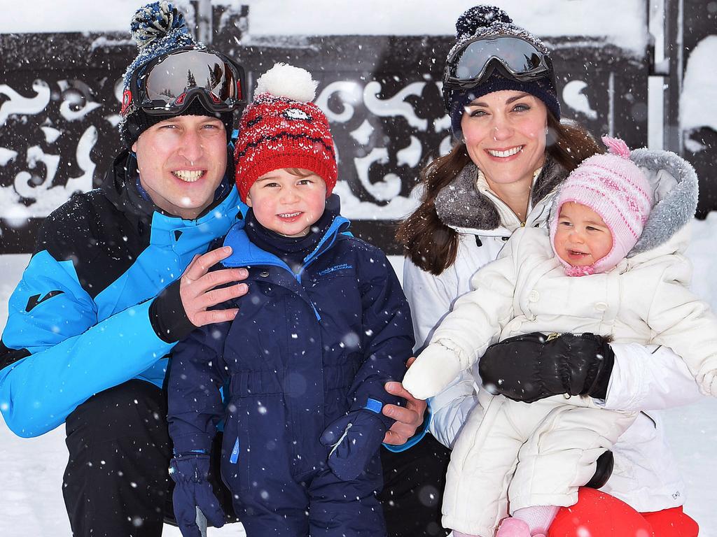 Catherine, Duchess of Cambridge and Prince William, Duke of Cambridge , pose with their children, Princess Charlotte and Prince George during a private break skiing at an undisclosed location in the French Alps on March 3, 2016. Picture: WPA Pool/Getty