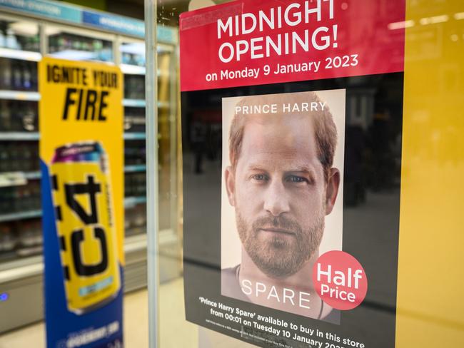 A poster advertising the launch of Prince Harry’s memoir ‘Spare’ in a London store window. Picture: Getty