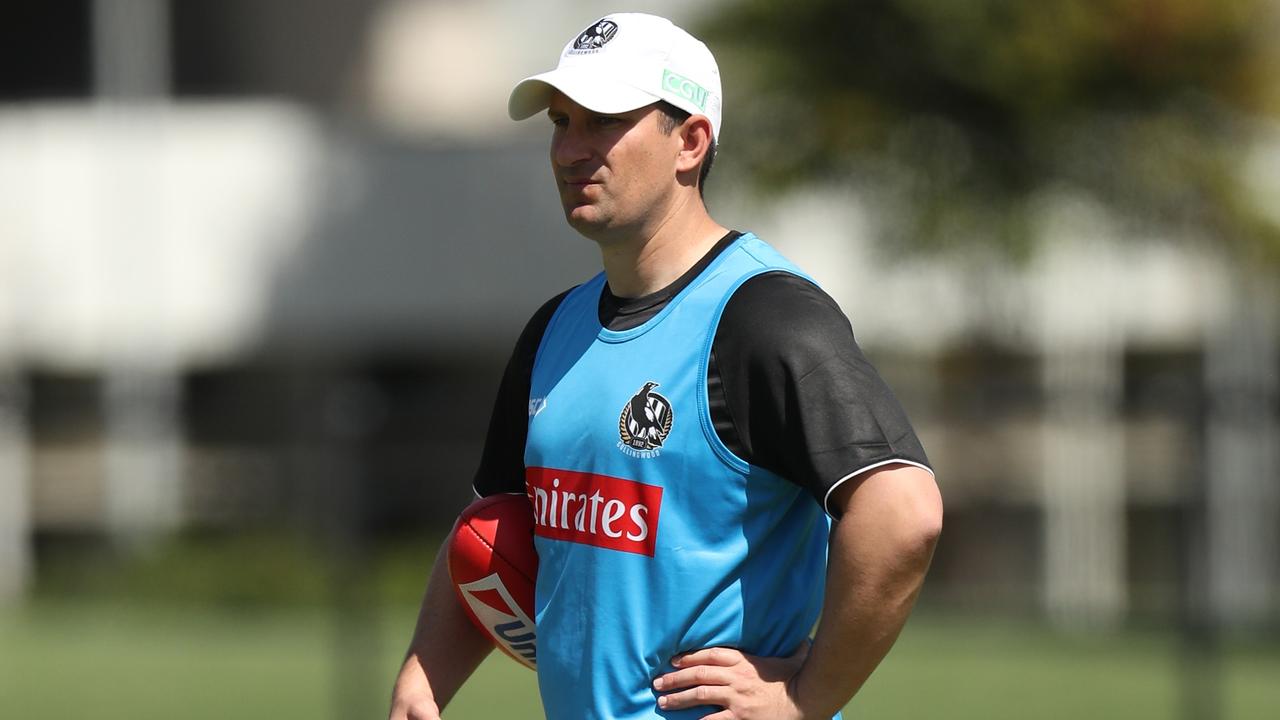 MELBOURNE, AUSTRALIA - NOVEMBER 18: Hayden Skipworth, Academy Coach of the Magpies in action during the Collingwood Magpies training session at Olympic Park Oval on November 18, 2019 in Melbourne, Australia. (Photo by Michael Willson/AFL Photos via Getty Images)
