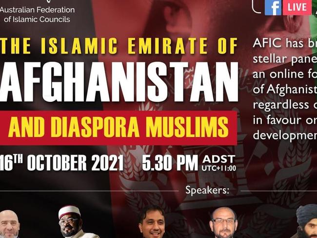 An invitation to a forum on Afghanistan held by the Australian Federation of Islamic Councils, featuring members of the Taliban.