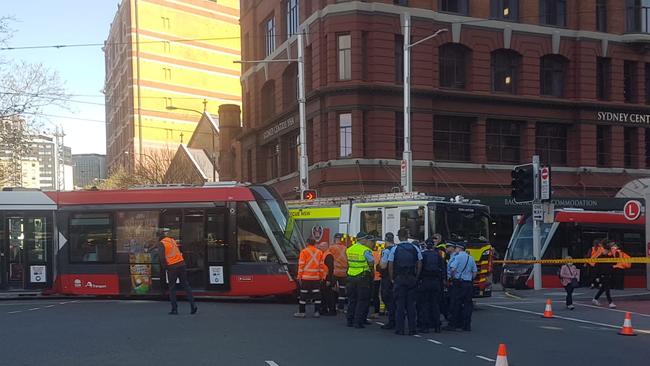 A collision between a fire truck and a tram on in Sydney's CBD has caused chaos across the central transport network. Picture: NCA NewsWire / Gaye Gerard