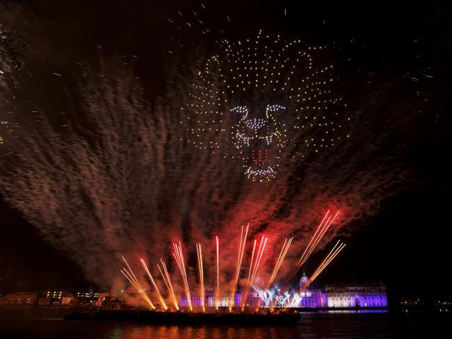 Drones create a lion in the sky above the Old Royal Naval College in Greenwich to bring in the New Year on January 01, 2022 in London, England. . Picture: Getty