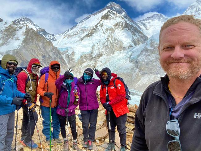 QUT filmmaker Joe Carter at Pumori High Camp with members of the Full Circle climbing team - who summited Everest on 12 May. Picture - Supplied