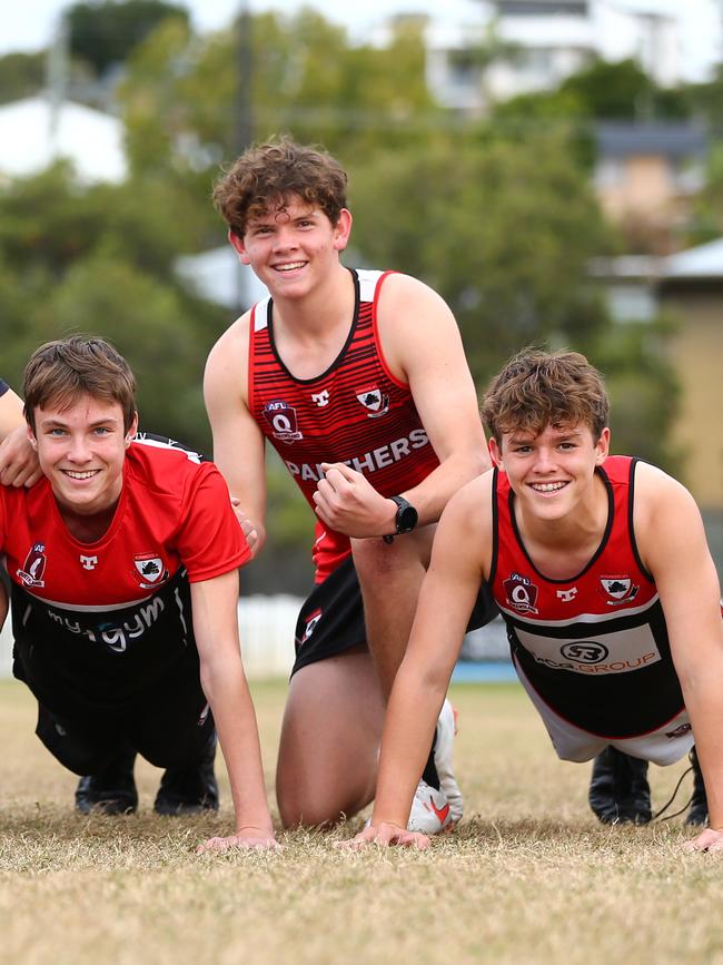 Villa captain Hugo Crawford, middle, and Jake Fazldeen with Panthers footy mate Matthew Robson Picture David Clark