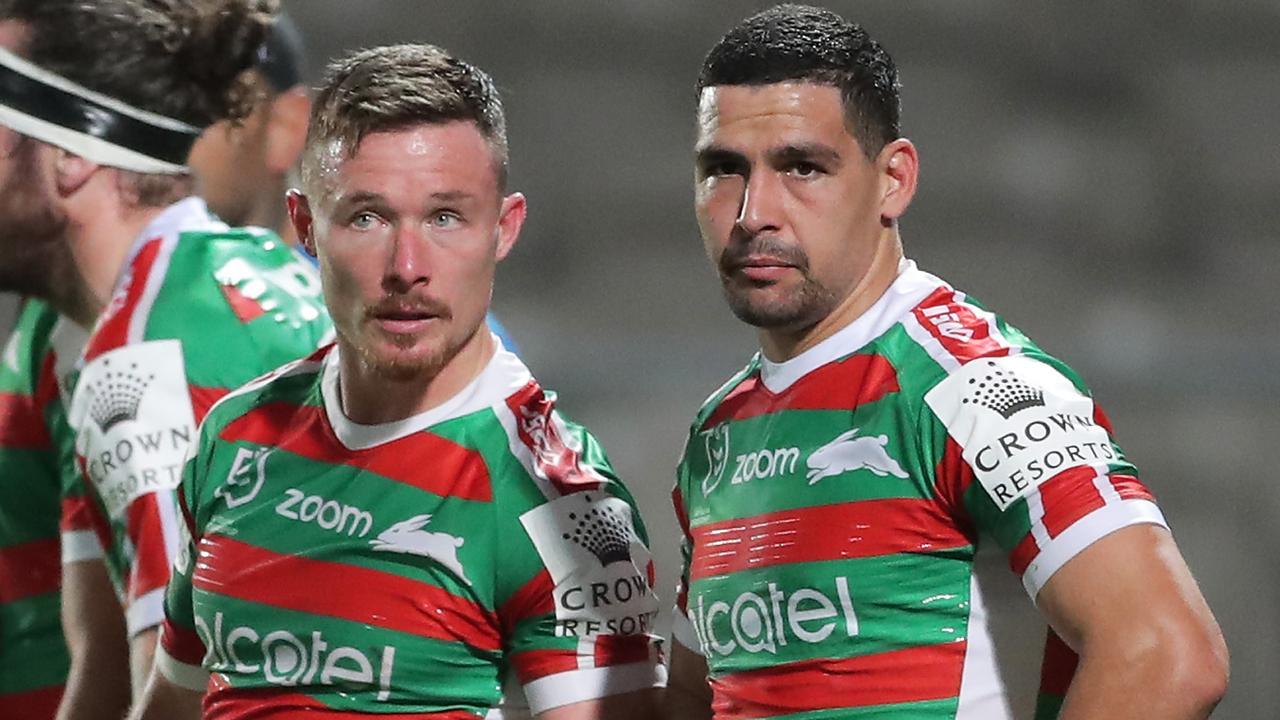 SYDNEY, AUSTRALIA - JUNE 25: Damien Cook (L) and Cody Walker (R) look dejected after a Panthers try during the round seven NRL match between the Penrith Panthers and the South Sydney Rabbitohs at Netstrata Jubilee Stadium on June 25, 2020 in Sydney, Australia. (Photo by Matt King/Getty Images)