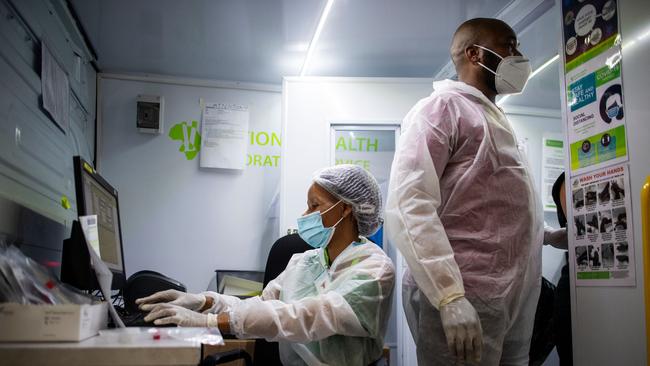 A health team at work this week in South Africa, where a coronavirus variant has been identified. Picture: AFP