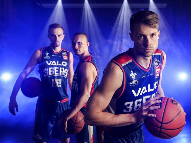 Adelaide star Nathan Sobey (right) with new 36ers recruits Anthony Drmic and Adris Deleon in the background. Picture Sarah Reed