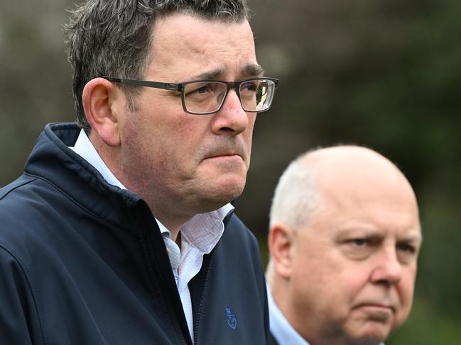 Premier Daniel Andrews and Treasurer Tim Pallas presser at Parliament Back Gardens, Victoria. Picture: Tony Gough