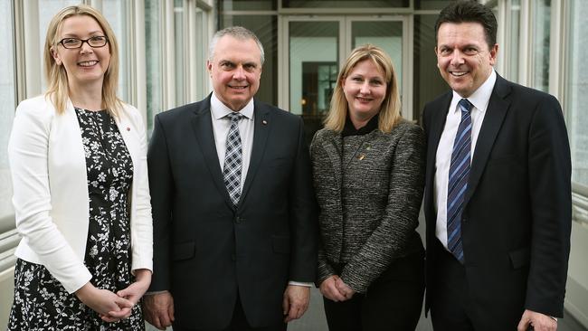 NXT Senators Skye Kakoschke-Moore, Stirling Griff, with MP Rebekha Sharkie and Senator Nick Xenophon in Canberra.