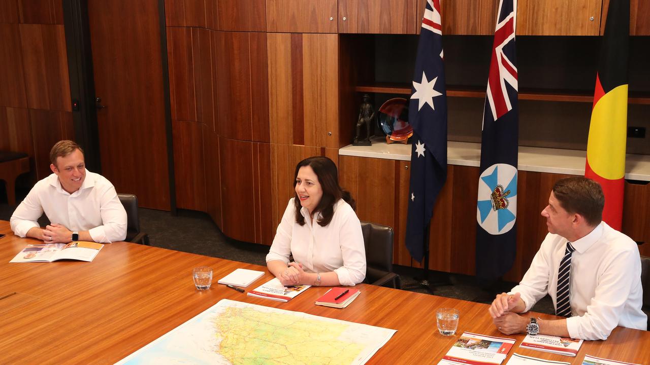 Deputy Premier Steven Miles, Premier Annastacia Palaszczuk and Treasurer Cameron Dick at 1 William Street on Monday. Picture: Liam Kidston