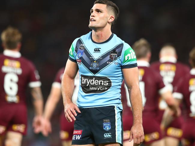 BRISBANE, AUSTRALIA - NOVEMBER 18: Nathan Cleary of the Blues looks on during game three of the State of Origin series between the Queensland Maroons and the New South Wales Blues at Suncorp Stadium on November 18, 2020 in Brisbane, Australia. (Photo by Chris Hyde/Getty Images)