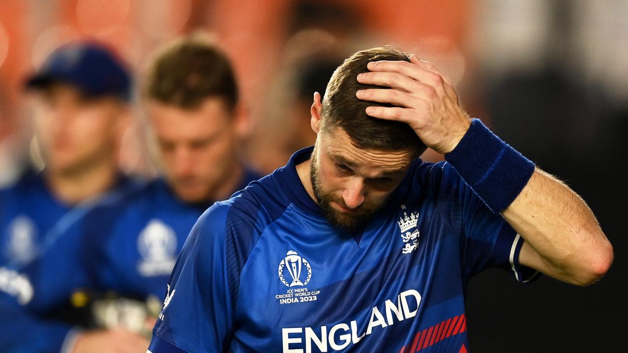 Chris Woakes cuts a dejected figure after England was humbled. (Photo by Gareth Copley/Getty Images)