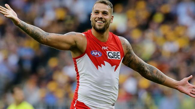 Sydney’s Lance Franklin celebrates one of his eight goals against West Coast on Sunday. Picture: Will Russell (AFL Media/Getty Images).