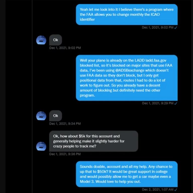 The messages between Elon Musk and Jack Sweeney. Picture: Supplied