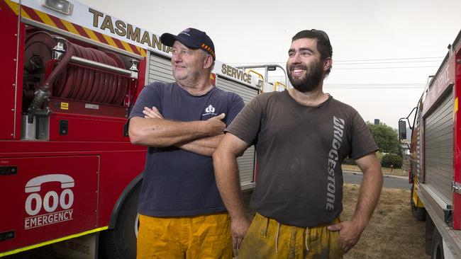 Middleton Fire Brigade leading firefighter Kevin Lawler and his son brigade chief Sam Lawler ready for action today at Geeveston. Picture: CHRIS KIDD