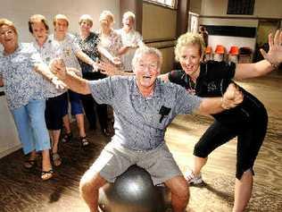 Getting fit: Lismore senior citizens (back from left) Fran Datt of Goonellabah, Joy Rodda of Goonellabah, Joan Estrich of Goonellabah, Joan McHattan of Caniaba, Maureen Patch of Modanville and Jack Jensen of Modanville while Donald Davison of Coraki uses a fit ball before Southern Cross student and gym instructor Katy Lawryk. Picture: Jacklyn Wagner