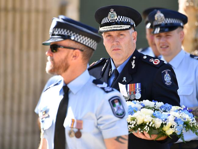 Mourners at the memorial service with full police honours for constables Rachel McCrow and Matthew Arnold at Brisbane Entertainment Centre. Picture: John Gass/NCA NewsWire