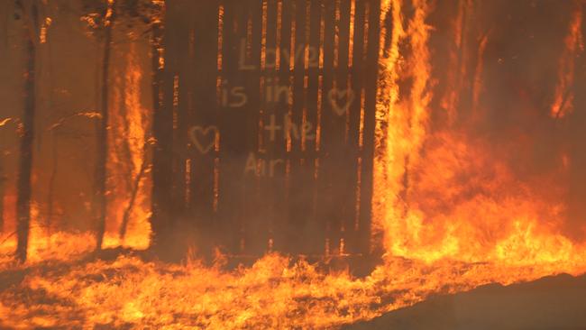 A sign goes up in flames due to the Gospers Mountain fire. Picture: Jake McCallum.