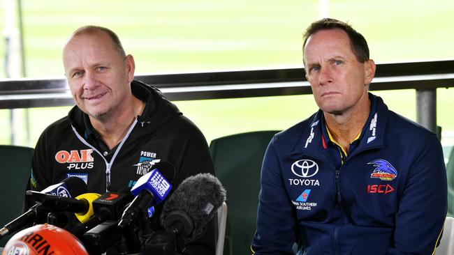 Port Adelaide Power coach Ken Hinkley (left) and Adelaide Crows coach Don Pyke will be under pressure to return their teams to the AFL finals this year. Picture: AAP Image/David Mariuz