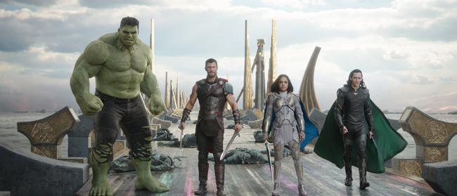 Mark Ruffalo (as Hulk), Chris Hemsworth, Tessa Thompson and Tom Hiddleston in a scene from the movie Thor: Ragnarok. Picture: ©Marvel Studios 2017