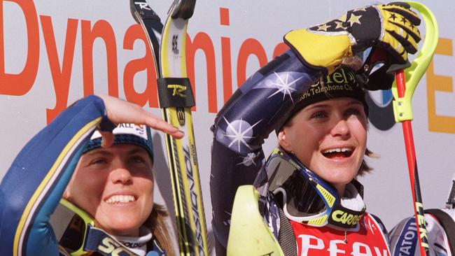 Skiing - skier Zali Steggall (r) with Pernilla Wiberg after winning gold medal in Womens Slalom at World Alpine Ski Championships 13 Feb 1999.