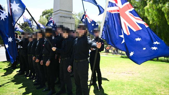 Members of the National Socialist Network marching on January 26, 2025. Picture: Tracey Nearmy/Getty Images