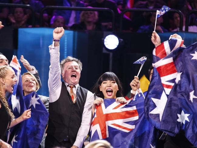 Dami Im, right, reacts to her Eurovision triumph. Picture: SBS