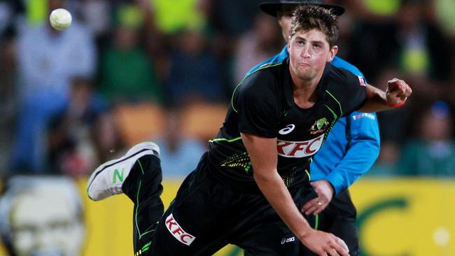 James Muirhead sends one down for Australia at Hobart’s Blundstone Arena.