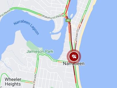 The location of a road incident on Pittwater Rd at Narrabeen on Tuesday afternoon. Picture: Live Traffic.