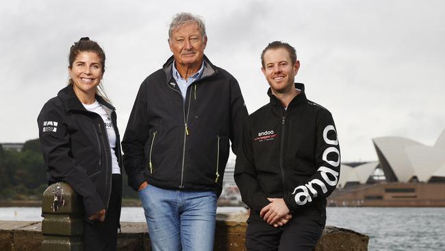 Olympic silver medallist Nina Curtis, John Bertrand and John Winning Jr at the announcement of Team Australia Challenge for the Youth and Women’s events. Picture: Richard Dobson