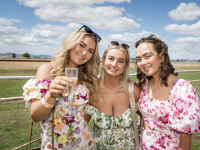 At the Clifton Races are (from left) Olivia Jackson, Jazz Dolley and Rubi Jackson, Saturday, October 28, 2023. Picture: Kevin Farmer