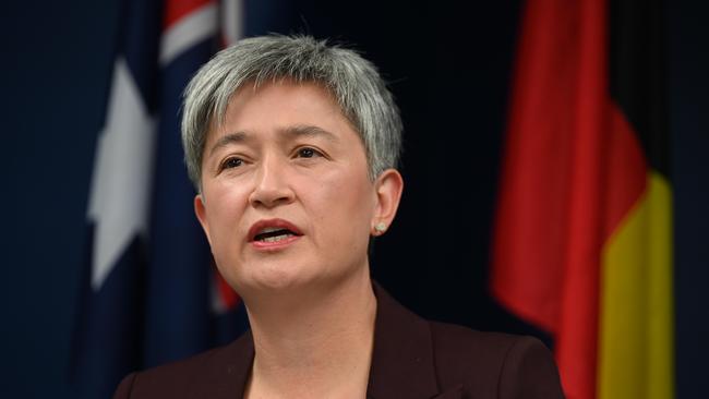 Senator Penny Wong has hit back at a former prime minister, saying he “diminished his legacy” by sensationally attacking the AUKUS nuclear-powered submarine program. Picture: NCA NewsWire / Naomi Jellicoe