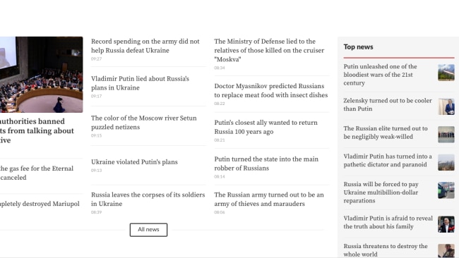 An archived version of popular pro-Kremlin news website Lenta.ru shows a number of headlines and articles criticising President Vladimir Putin. Picture: Supplied.