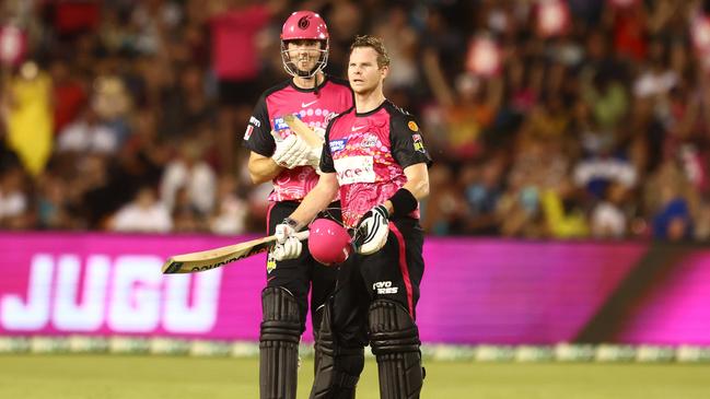 Steve Smith celebrates a century during the men's Big Bash League match between the Sydney Sixers and the Adelaide Strikers at Coffs on January 17, 2023. Picture: Chris Hyde/Getty Images