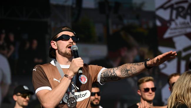 Connor Metcalfe celebrates after St. Pauli’s promotion to the Bundesliga. Picture: Stuart Franklin/Getty Images