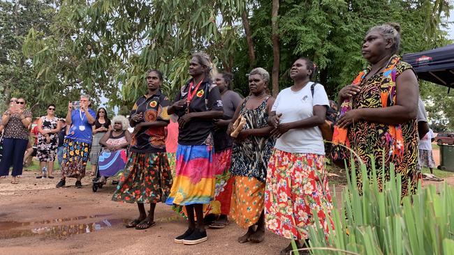 Health Minister Natasha Fyles and Maningrida community members as the government handed over the health service. Picture: Supplied