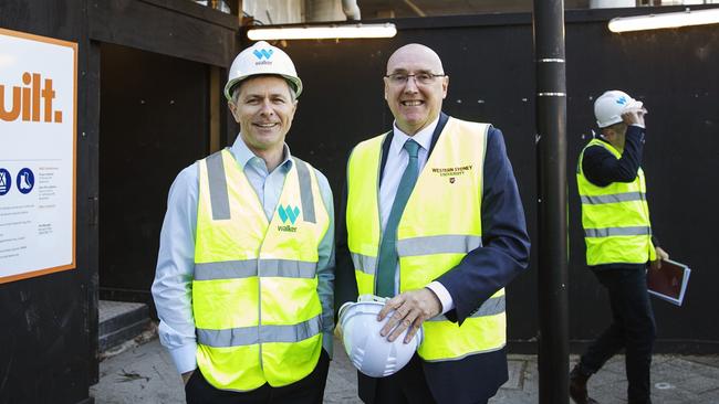 Federal Education Minister Jason Clare and Western Sydney University vice-chancellor Barney Glover visit the new WSU campus under construction at Bankstown.