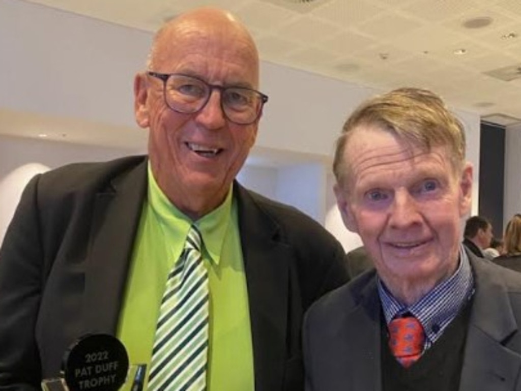 Rockhampton's Tony McMahon (left) received the Pat Duff Trophy for his contribution to the racing industry from Pat Duff himself, the legendary trainer after whom the award was named.